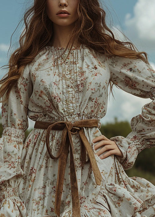 Women Floral Pastoral Style Ruffled Mini Dresses Long Sleeve