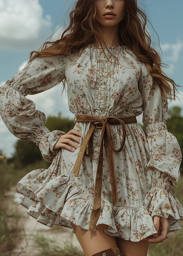 Women Floral Pastoral Style Ruffled Mini Dresses Long Sleeve