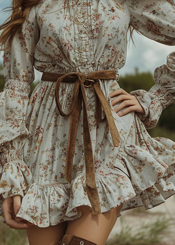 Women Floral Pastoral Style Ruffled Mini Dresses Long Sleeve