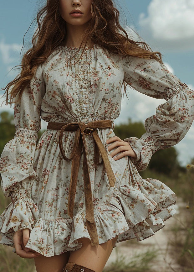 Women Floral Pastoral Style Ruffled Mini Dresses Long Sleeve
