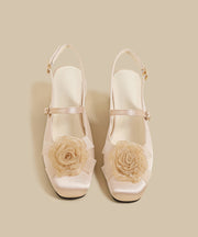 Women Floral Splicing Chunky Sandals Apricot Suede