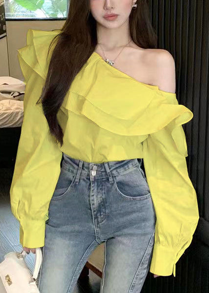 Women Fluorescent Green Ruffled Cotton One Shoulder Blouses Fall
