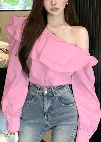 Women Fluorescent Green Ruffled Cotton One Shoulder Blouses Fall