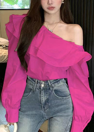 Women Fluorescent Green Ruffled Cotton One Shoulder Blouses Fall