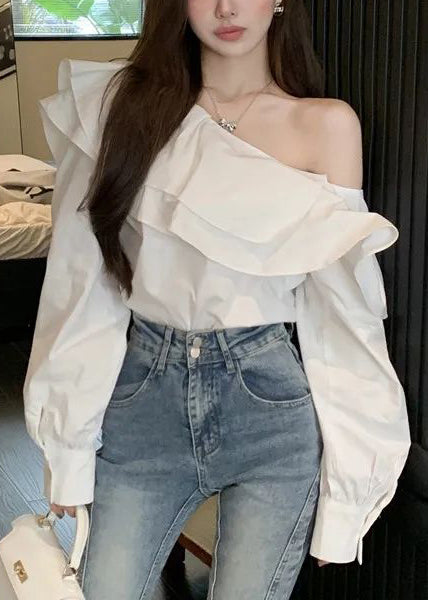 Women Fluorescent Green Ruffled Cotton One Shoulder Blouses Fall