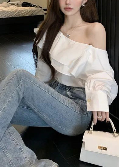 Women Fluorescent Green Ruffled Cotton One Shoulder Blouses Fall