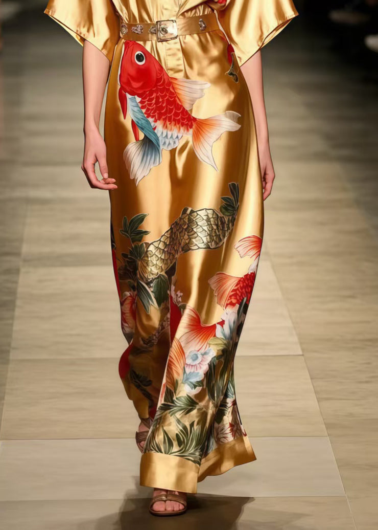 Women Golden Koi Fish Print Silk Tunic Dress Summer