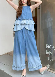 Women Gradient Color Ruffles Patchwork Denim Two Pieces Set Summer
