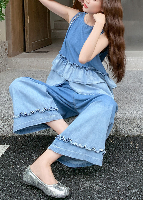 Women Gradient Color Ruffles Patchwork Denim Two Pieces Set Summer