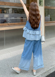 Women Gradient Color Ruffles Patchwork Denim Two Pieces Set Summer