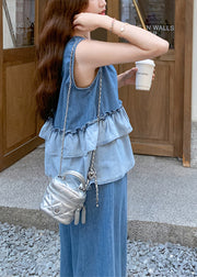 Women Gradient Color Ruffles Patchwork Denim Two Pieces Set Summer