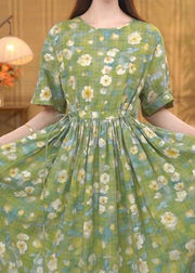 Women Grass Green Cinched Floral Print Cotton Ankle Dress Summer