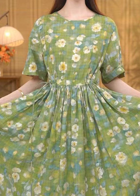 Women Grass Green Cinched Floral Print Cotton Ankle Dress Summer