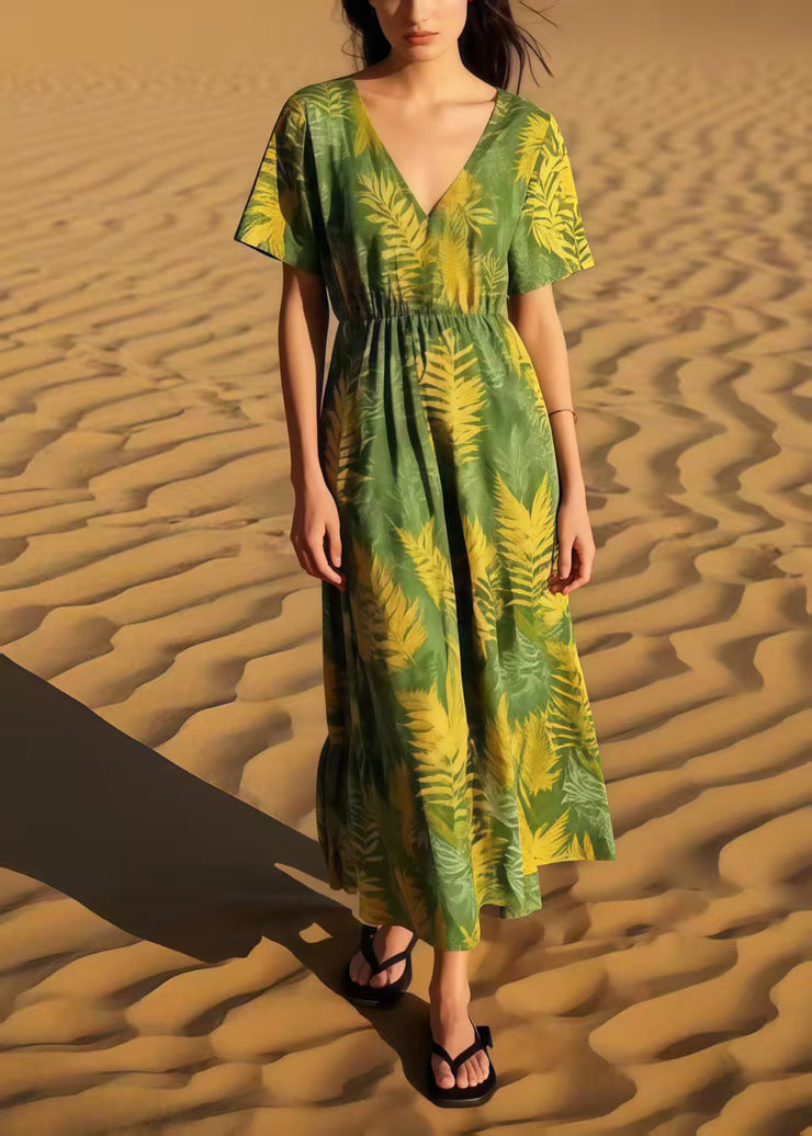 Women Grass Green Print Cotton Maxi Dresses Summer