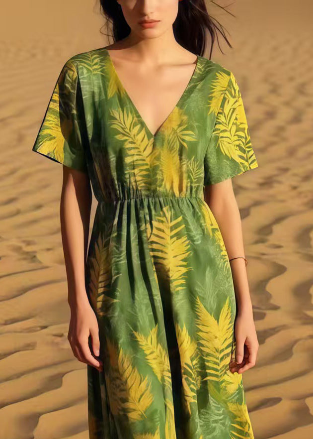 Women Grass Green Print Cotton Maxi Dresses Summer