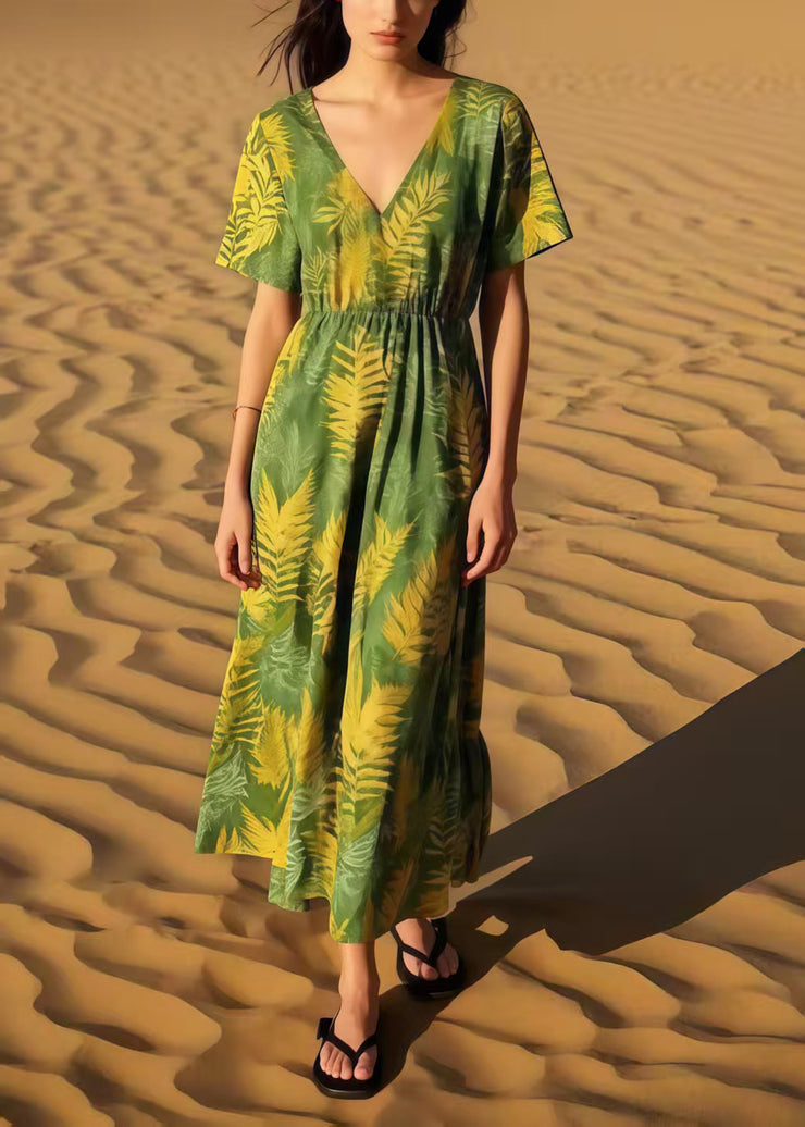 Women Grass Green Print Cotton Maxi Dresses Summer