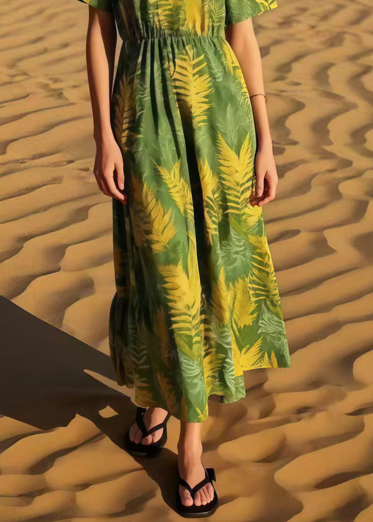 Women Grass Green Print Cotton Maxi Dresses Summer