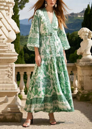 Women Grass Green Print Draping Chiffon Vacation Dresses Spring