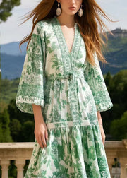 Women Grass Green Print Draping Chiffon Vacation Dresses Spring