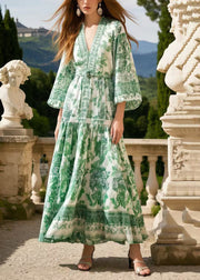 Women Grass Green Print Draping Chiffon Vacation Dresses Spring