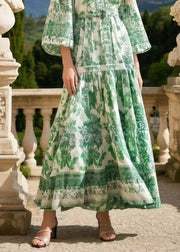 Women Grass Green Print Draping Chiffon Vacation Dresses Spring