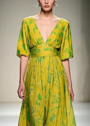 Women Grass Green V Neck Print Cotton Vacation Dresses Summer