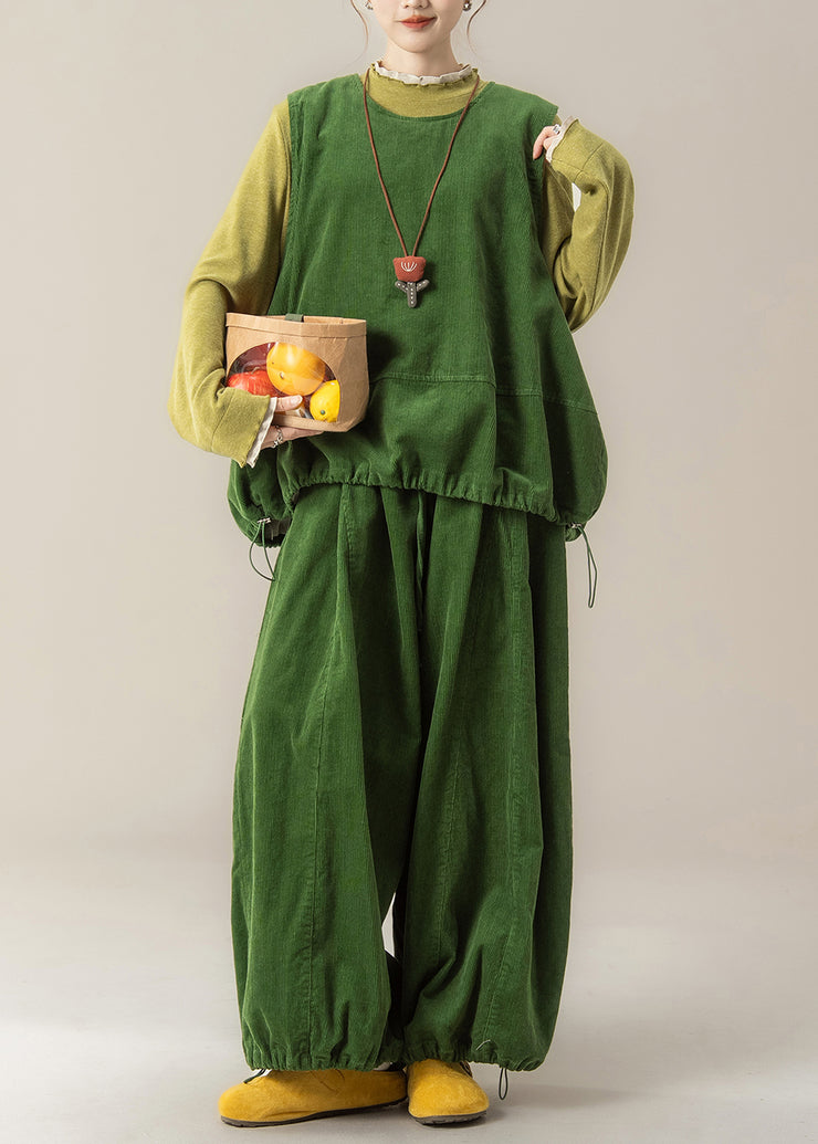 Women Grass Green Vest T Shirt And Pants Corduroy Three Pieces Set Fall