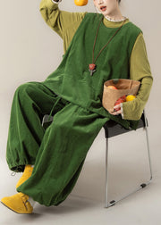 Women Grass Green Vest T Shirt And Pants Corduroy Three Pieces Set Fall