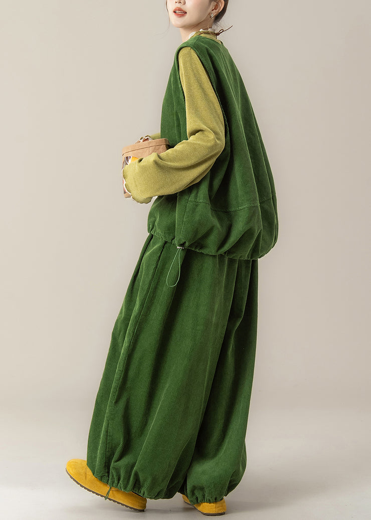 Women Grass Green Vest T Shirt And Pants Corduroy Three Pieces Set Fall
