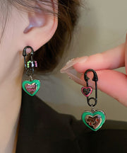 Women Green Alloy Zircon Graphic Love Drip Glaze Drop Earrings
