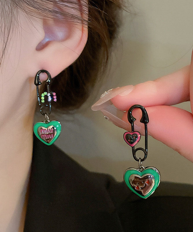 Women Green Alloy Zircon Graphic Love Drip Glaze Drop Earrings