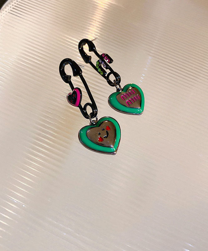 Women Green Alloy Zircon Graphic Love Drip Glaze Drop Earrings