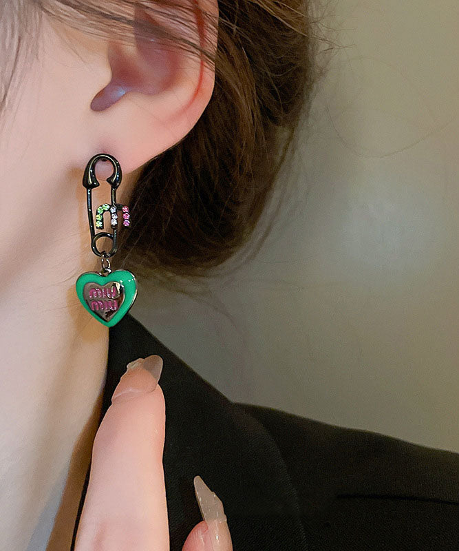 Women Green Alloy Zircon Graphic Love Drip Glaze Drop Earrings