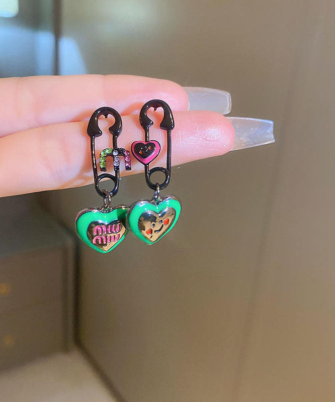Women Green Alloy Zircon Graphic Love Drip Glaze Drop Earrings