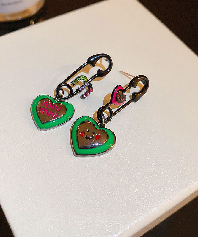 Women Green Alloy Zircon Graphic Love Drip Glaze Drop Earrings