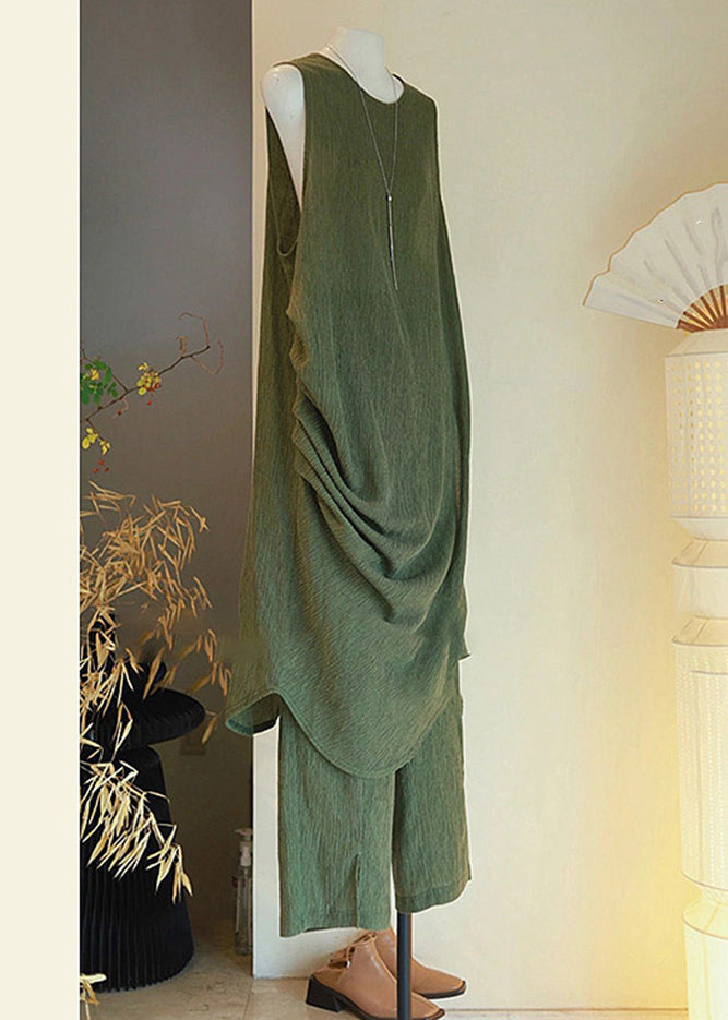Women Green Asymmetrical Button Cotton Two Pieces Set Sleeveless
