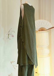 Women Green Asymmetrical Button Cotton Two Pieces Set Sleeveless