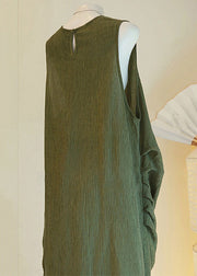 Women Green Asymmetrical Button Cotton Two Pieces Set Sleeveless