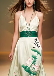 Women Green Cinched Lotus Leaf Print Silk Mini Dress Sleeveless