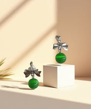 Women Green Copper Alloy Cat's Eye Stone Bow Drop Earrings