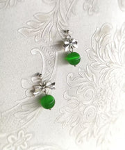 Women Green Copper Alloy Cat's Eye Stone Bow Drop Earrings