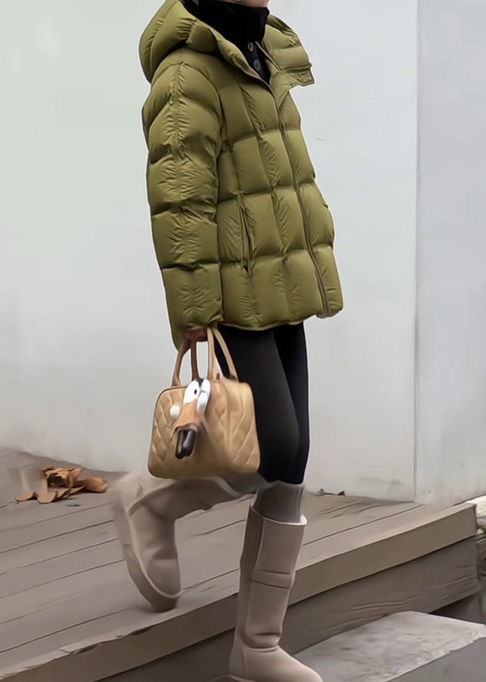 Women Green Hooded Zippered Drawstring Duck Down Down Coat Winter