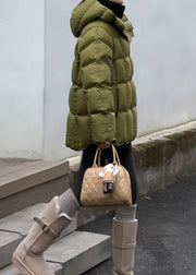 Women Green Hooded Zippered Drawstring Duck Down Down Coat Winter