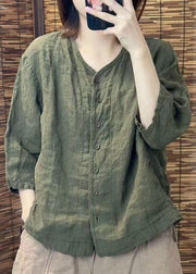 Women Green O Neck Button Linen Shirt Summer