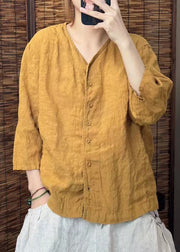 Women Green O Neck Button Linen Shirt Summer