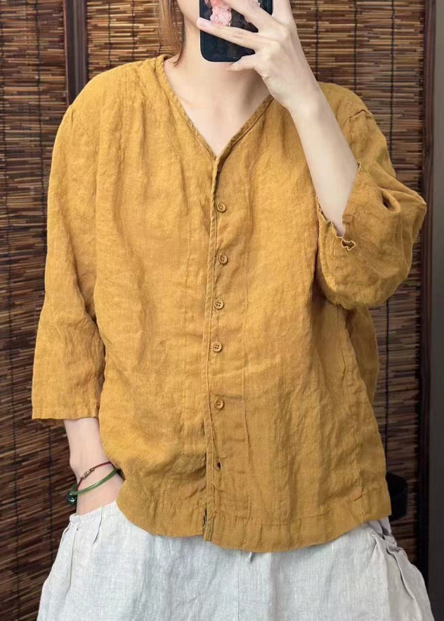 Women Green O Neck Button Linen Shirt Summer