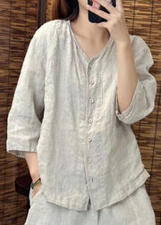 Women Green O Neck Button Linen Shirt Summer