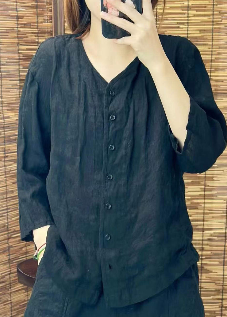 Women Green O Neck Button Linen Shirt Summer