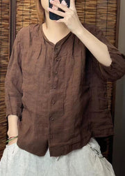 Women Green O Neck Button Linen Shirt Summer