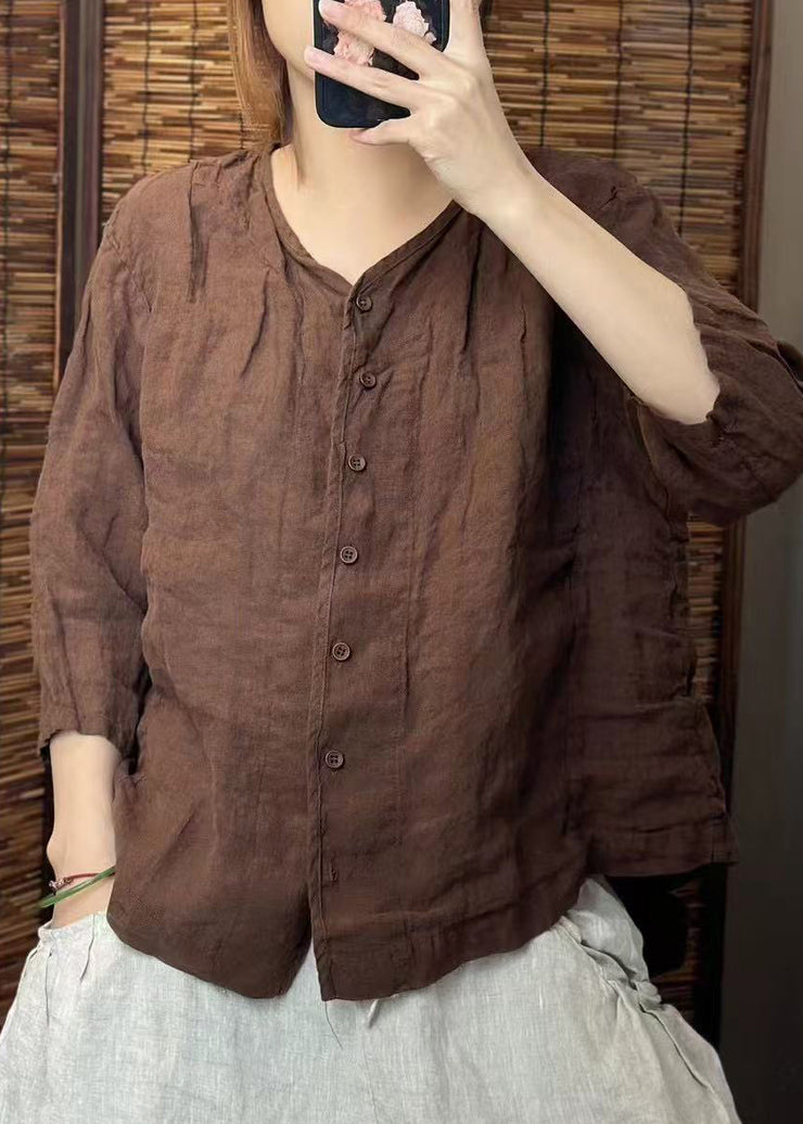 Women Green O Neck Button Linen Shirt Summer